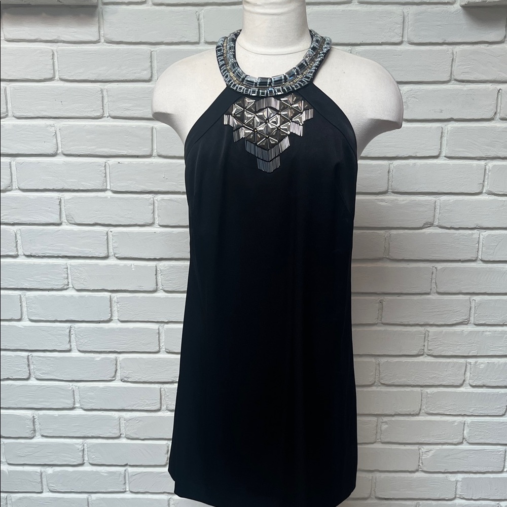 bebe Black Mini Dress with Embellished Neckline